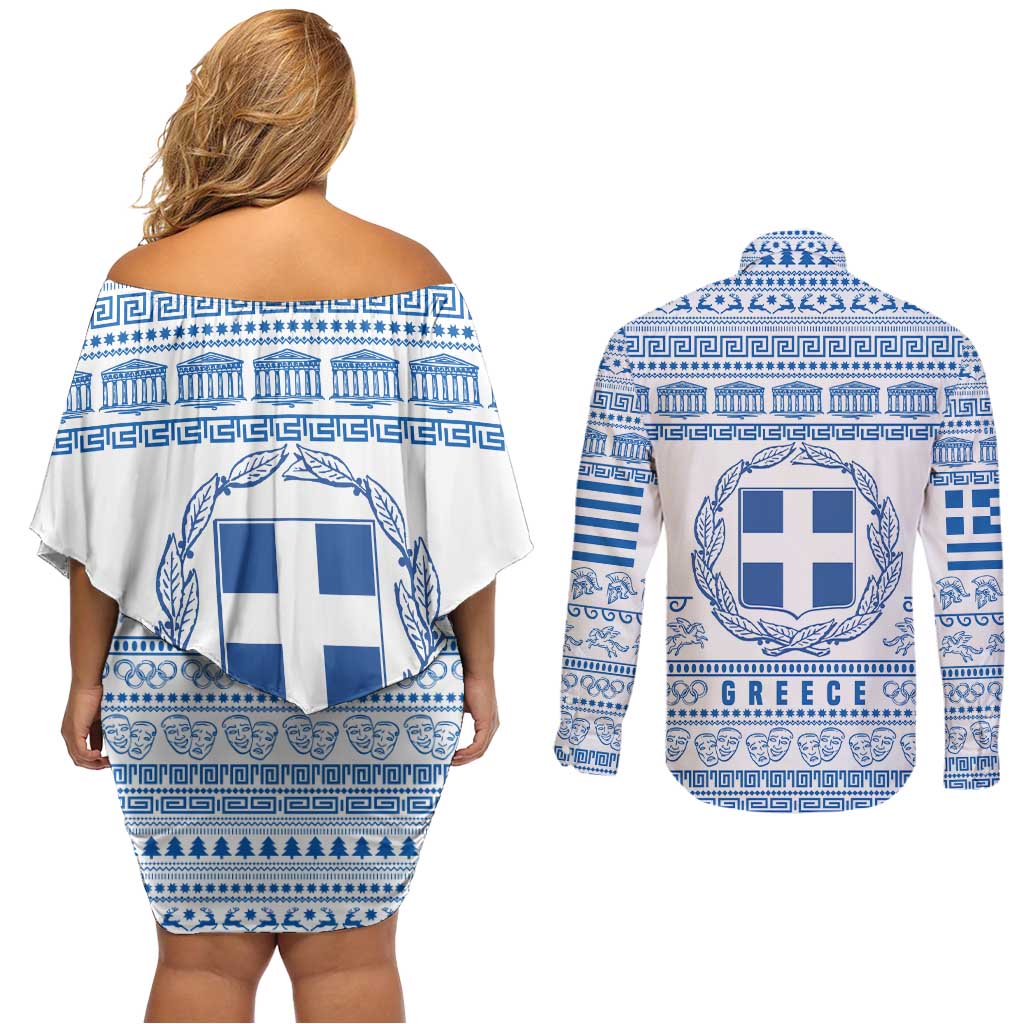 Greece Christmas Couples Matching Off Shoulder Short Dress and Long Sleeve Button Shirt with Santa Rowing Boat Greek Flag Laurel Wreath Parthenon and Blue White Pattern Design - Wonder Print Shop