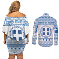 Greece Christmas Couples Matching Off Shoulder Short Dress and Long Sleeve Button Shirt with Santa Rowing Boat Greek Flag Laurel Wreath Parthenon and Blue White Pattern Design - Wonder Print Shop