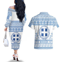 Greece Christmas Couples Matching Off The Shoulder Long Sleeve Dress and Hawaiian Shirt with Santa Rowing Boat Greek Flag Laurel Wreath Parthenon and Blue White Pattern Design - Wonder Print Shop