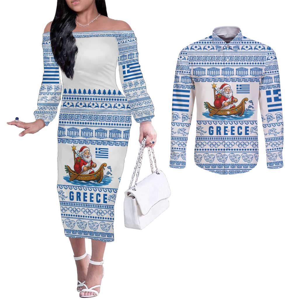 Greece Christmas Couples Matching Off The Shoulder Long Sleeve Dress and Long Sleeve Button Shirt with Santa Rowing Boat Greek Flag Laurel Wreath Parthenon and Blue White Pattern Design - Wonder Print Shop