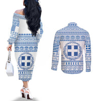 Greece Christmas Couples Matching Off The Shoulder Long Sleeve Dress and Long Sleeve Button Shirt with Santa Rowing Boat Greek Flag Laurel Wreath Parthenon and Blue White Pattern Design - Wonder Print Shop