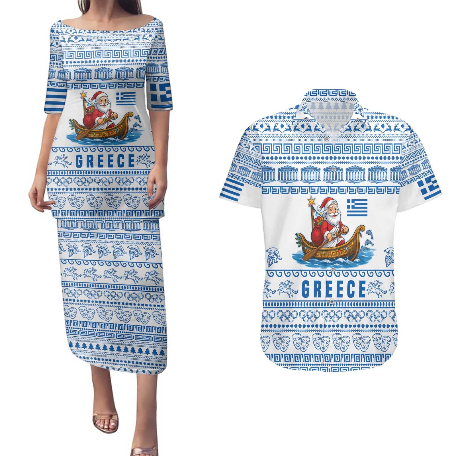 Greece Christmas Couples Matching Puletasi and Hawaiian Shirt with Santa Rowing Boat Greek Flag Laurel Wreath Parthenon and Blue White Pattern Design - Wonder Print Shop