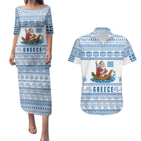 Greece Christmas Couples Matching Puletasi and Hawaiian Shirt with Santa Rowing Boat Greek Flag Laurel Wreath Parthenon and Blue White Pattern Design - Wonder Print Shop