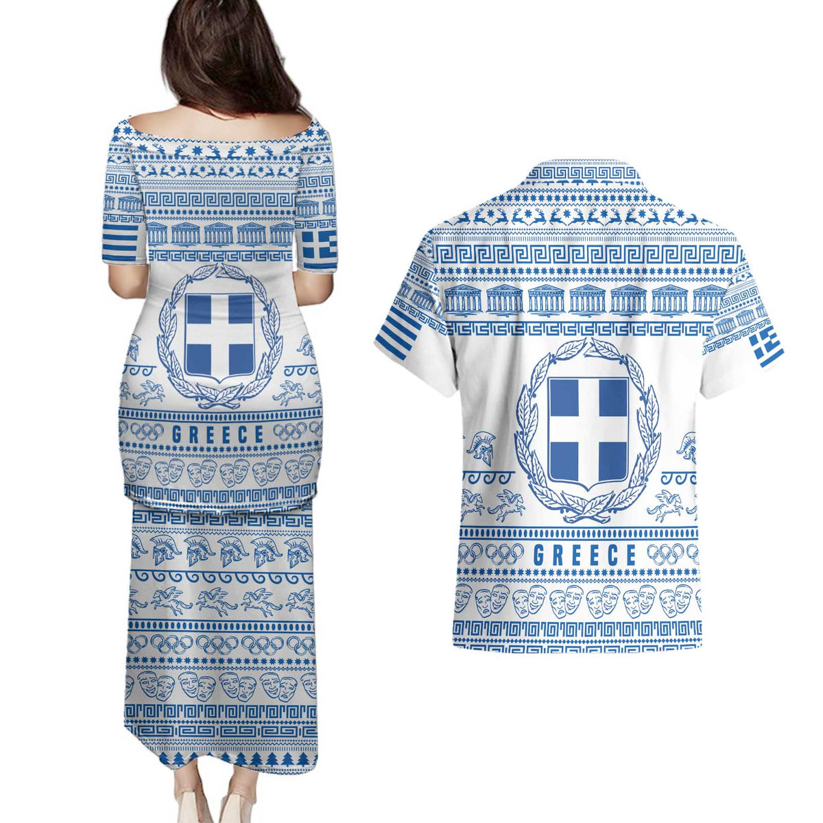 Greece Christmas Couples Matching Puletasi and Hawaiian Shirt with Santa Rowing Boat Greek Flag Laurel Wreath Parthenon and Blue White Pattern Design - Wonder Print Shop