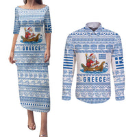 Greece Christmas Couples Matching Puletasi and Long Sleeve Button Shirt with Santa Rowing Boat Greek Flag Laurel Wreath Parthenon and Blue White Pattern Design - Wonder Print Shop