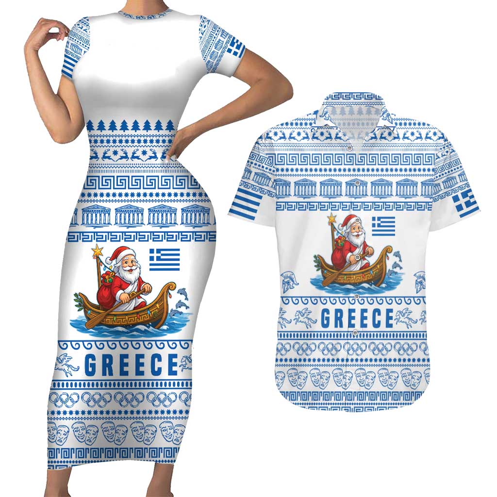 Greece Christmas Couples Matching Short Sleeve Bodycon Dress and Hawaiian Shirt with Santa Rowing Boat Greek Flag Laurel Wreath Parthenon and Blue White Pattern Design - Wonder Print Shop