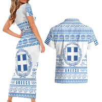Greece Christmas Couples Matching Short Sleeve Bodycon Dress and Hawaiian Shirt with Santa Rowing Boat Greek Flag Laurel Wreath Parthenon and Blue White Pattern Design - Wonder Print Shop