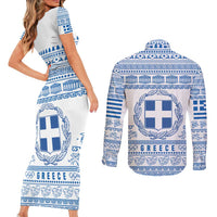 Greece Christmas Couples Matching Short Sleeve Bodycon Dress and Long Sleeve Button Shirt with Santa Rowing Boat Greek Flag Laurel Wreath Parthenon and Blue White Pattern Design - Wonder Print Shop