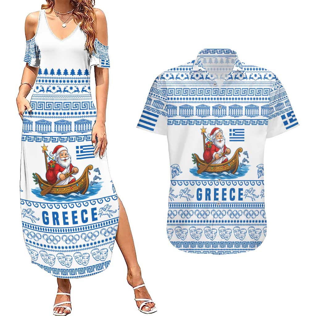 Greece Christmas Couples Matching Summer Maxi Dress and Hawaiian Shirt with Santa Rowing Boat Greek Flag Laurel Wreath Parthenon and Blue White Pattern Design - Wonder Print Shop