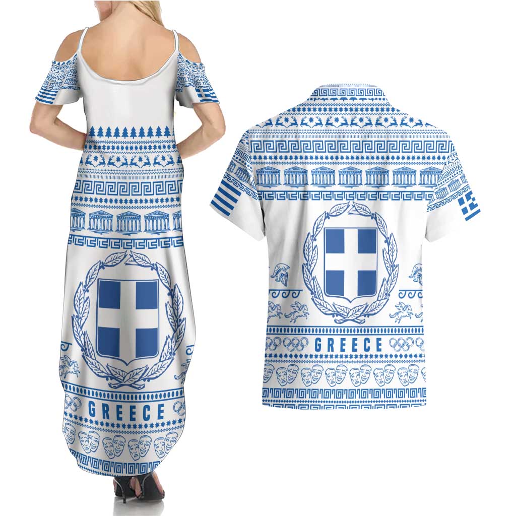 Greece Christmas Couples Matching Summer Maxi Dress and Hawaiian Shirt with Santa Rowing Boat Greek Flag Laurel Wreath Parthenon and Blue White Pattern Design - Wonder Print Shop