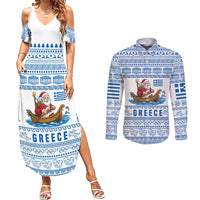 Greece Christmas Couples Matching Summer Maxi Dress and Long Sleeve Button Shirt with Santa Rowing Boat Greek Flag Laurel Wreath Parthenon and Blue White Pattern Design - Wonder Print Shop