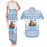 Greece Christmas Couples Matching Tank Maxi Dress and Hawaiian Shirt with Santa Rowing Boat Greek Flag Laurel Wreath Parthenon and Blue White Pattern Design - Wonder Print Shop