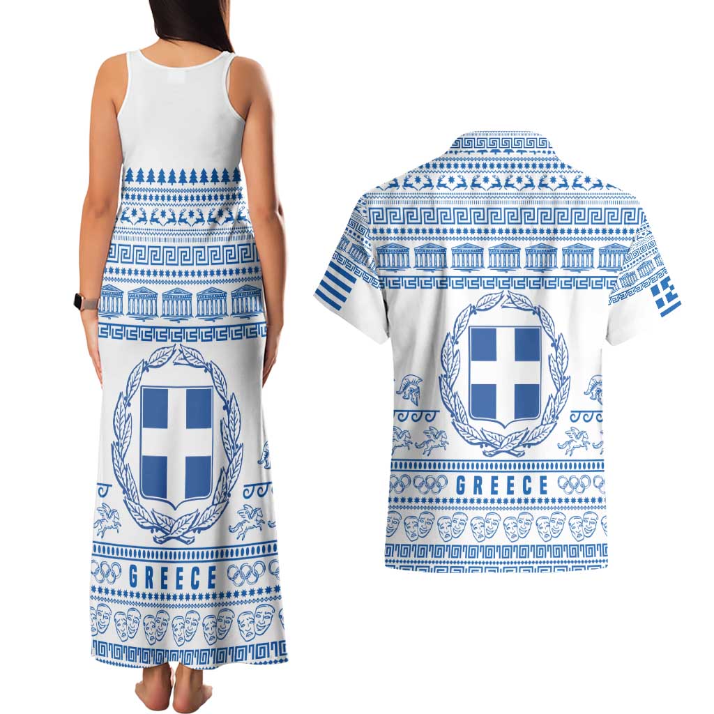 Greece Christmas Couples Matching Tank Maxi Dress and Hawaiian Shirt with Santa Rowing Boat Greek Flag Laurel Wreath Parthenon and Blue White Pattern Design - Wonder Print Shop