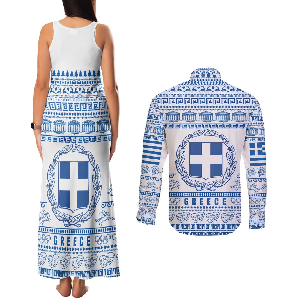 Greece Christmas Couples Matching Tank Maxi Dress and Long Sleeve Button Shirt with Santa Rowing Boat Greek Flag Laurel Wreath Parthenon and Blue White Pattern Design - Wonder Print Shop