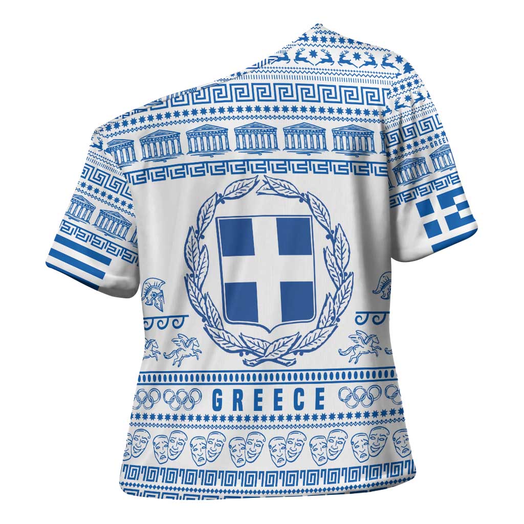 Greece Christmas Cross Shoulder Shirt with Santa Rowing Boat Greek Flag Laurel Wreath Parthenon and Blue White Pattern Design - Wonder Print Shop