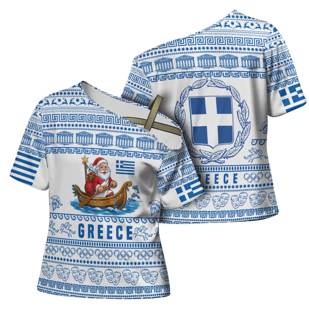 Greece Christmas Cross Shoulder Shirt with Santa Rowing Boat Greek Flag Laurel Wreath Parthenon and Blue White Pattern Design - Wonder Print Shop