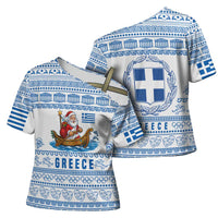 Greece Christmas Cross Shoulder Shirt with Santa Rowing Boat Greek Flag Laurel Wreath Parthenon and Blue White Pattern Design - Wonder Print Shop