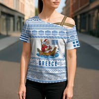 Greece Christmas Cross Shoulder Shirt with Santa Rowing Boat Greek Flag Laurel Wreath Parthenon and Blue White Pattern Design - Wonder Print Shop