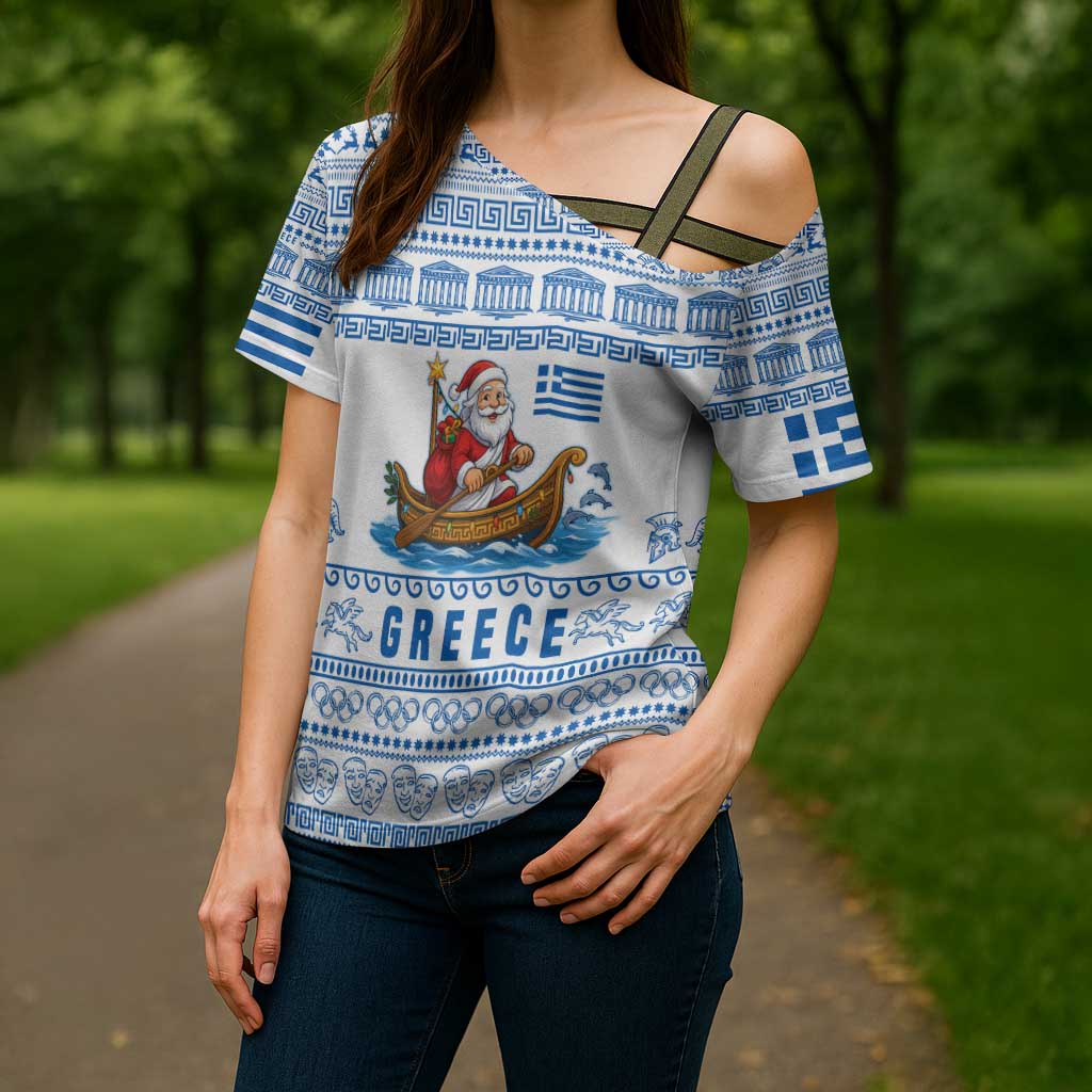 Greece Christmas Cross Shoulder Shirt with Santa Rowing Boat Greek Flag Laurel Wreath Parthenon and Blue White Pattern Design - Wonder Print Shop