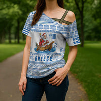 Greece Christmas Cross Shoulder Shirt with Santa Rowing Boat Greek Flag Laurel Wreath Parthenon and Blue White Pattern Design - Wonder Print Shop
