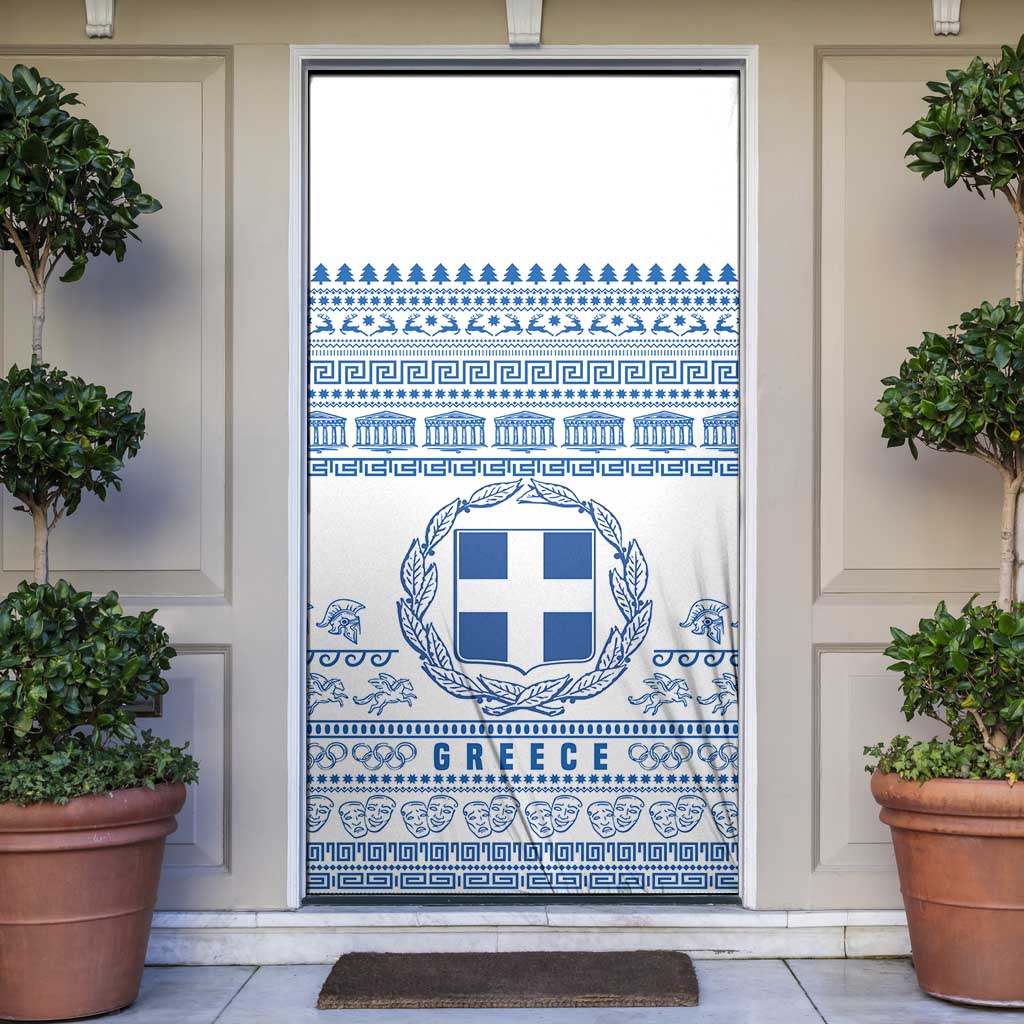 Greece Christmas Door Cover with Santa Rowing Boat Greek Flag Laurel Wreath Parthenon and Blue White Pattern Design - Wonder Print Shop