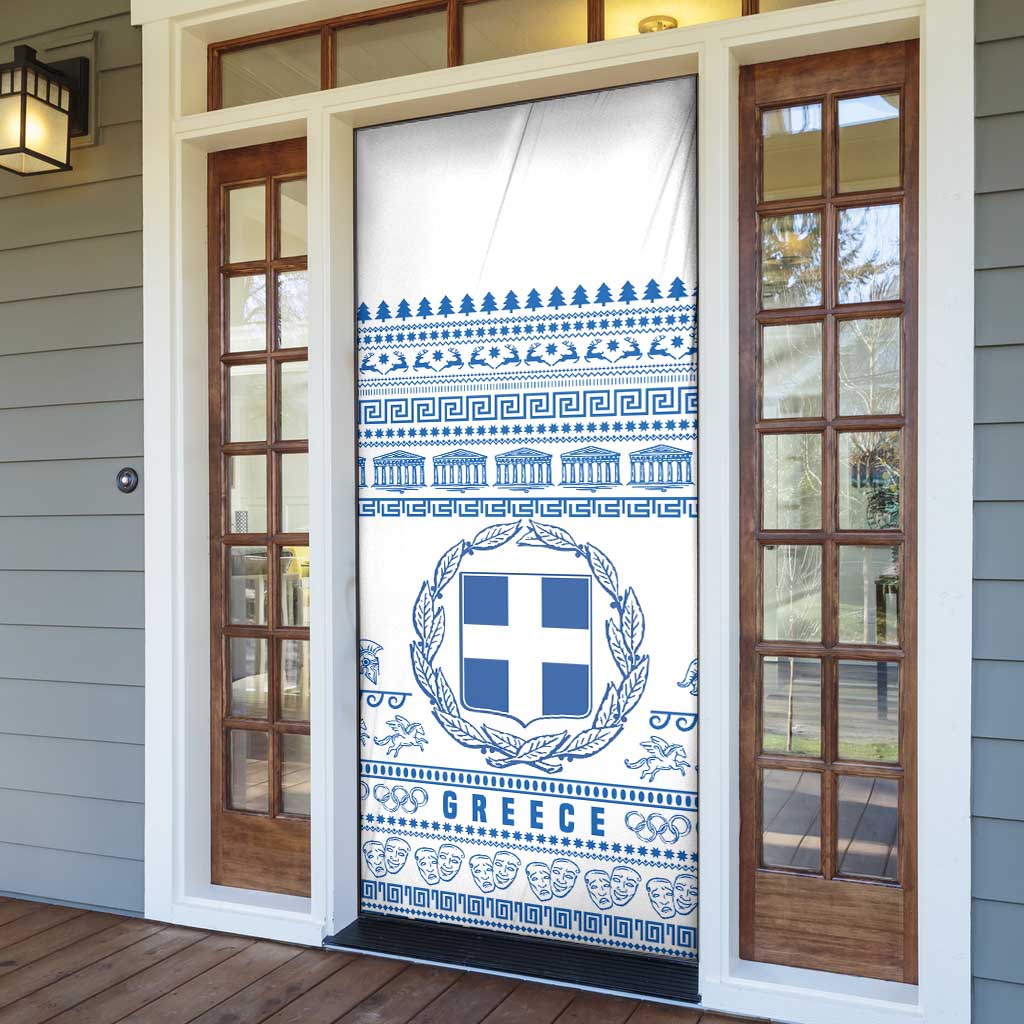 Greece Christmas Door Cover with Santa Rowing Boat Greek Flag Laurel Wreath Parthenon and Blue White Pattern Design - Wonder Print Shop