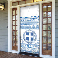 Greece Christmas Door Cover with Santa Rowing Boat Greek Flag Laurel Wreath Parthenon and Blue White Pattern Design - Wonder Print Shop