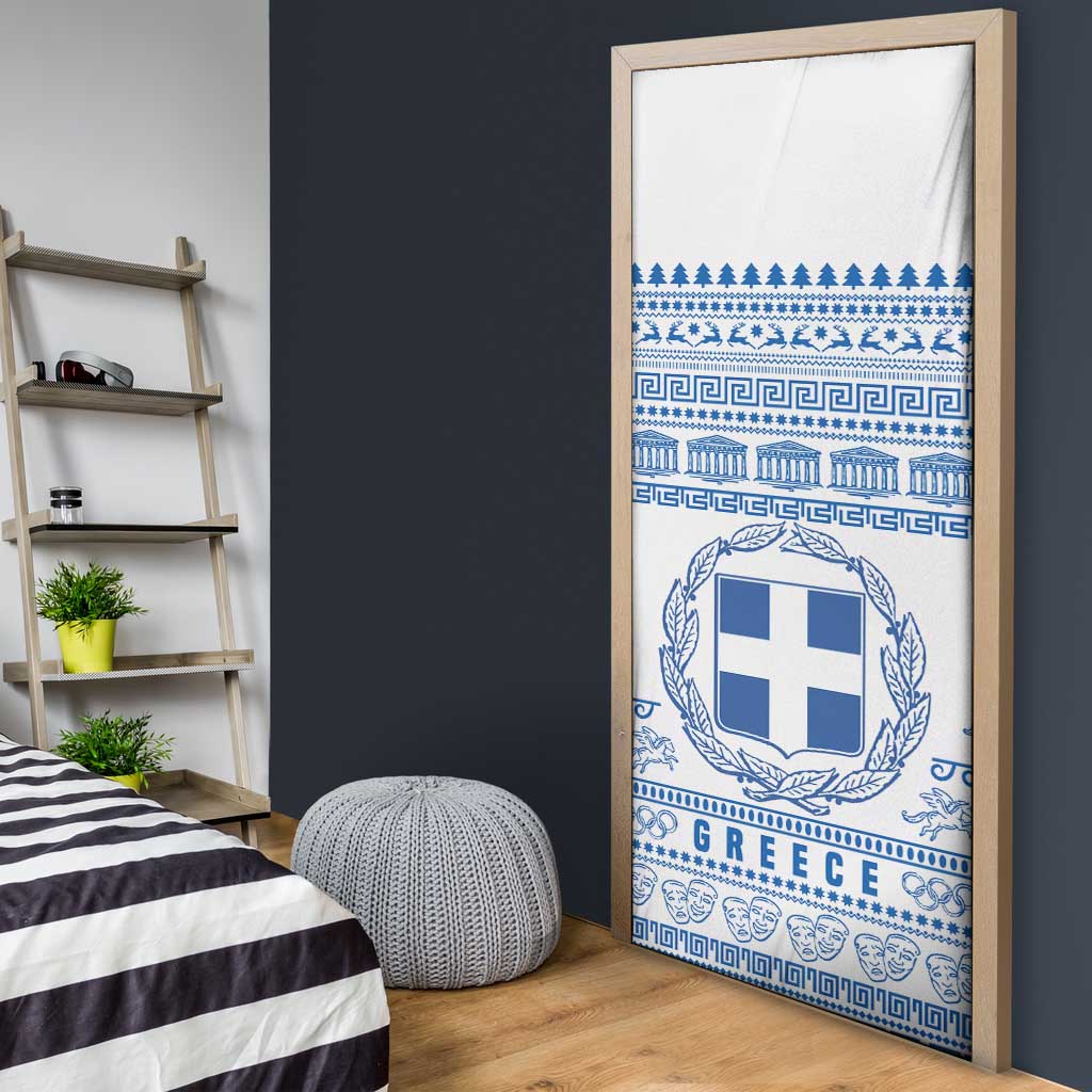 Greece Christmas Door Cover with Santa Rowing Boat Greek Flag Laurel Wreath Parthenon and Blue White Pattern Design - Wonder Print Shop