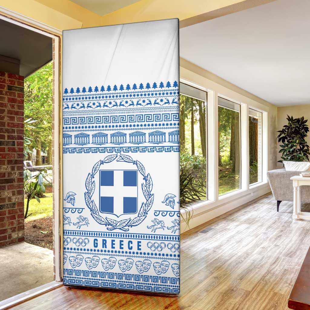 Greece Christmas Door Cover with Santa Rowing Boat Greek Flag Laurel Wreath Parthenon and Blue White Pattern Design - Wonder Print Shop