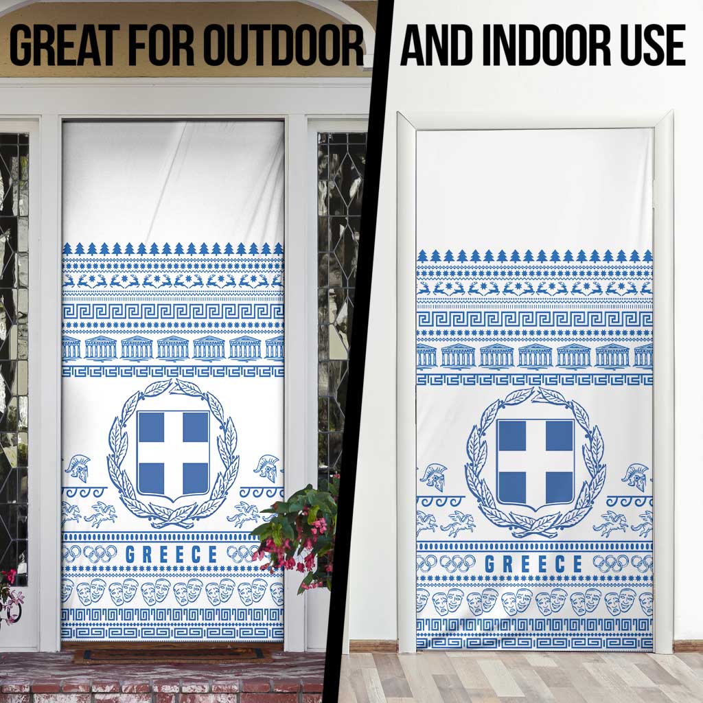 Greece Christmas Door Cover with Santa Rowing Boat Greek Flag Laurel Wreath Parthenon and Blue White Pattern Design - Wonder Print Shop