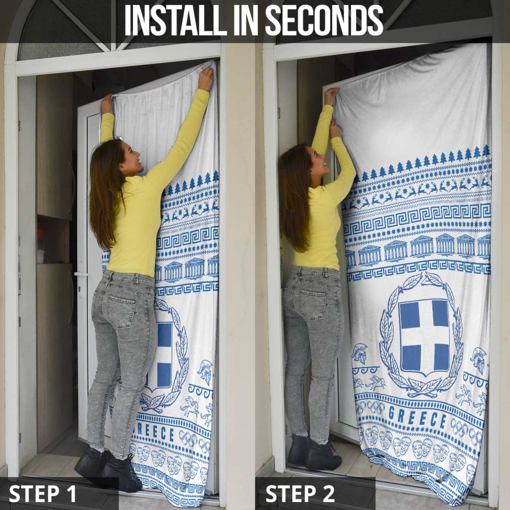 Greece Christmas Door Cover with Santa Rowing Boat Greek Flag Laurel Wreath Parthenon and Blue White Pattern Design - Wonder Print Shop