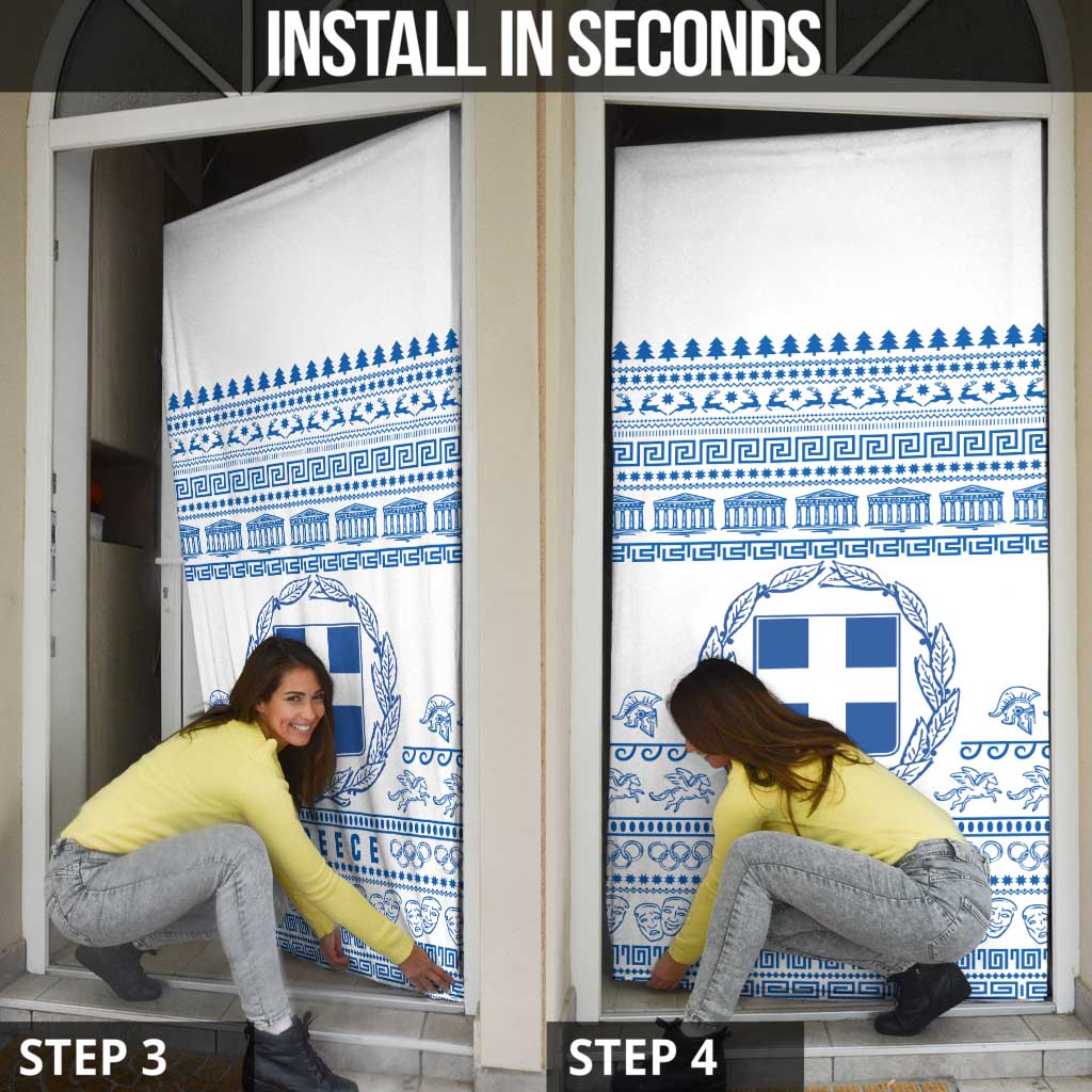 Greece Christmas Door Cover with Santa Rowing Boat Greek Flag Laurel Wreath Parthenon and Blue White Pattern Design - Wonder Print Shop