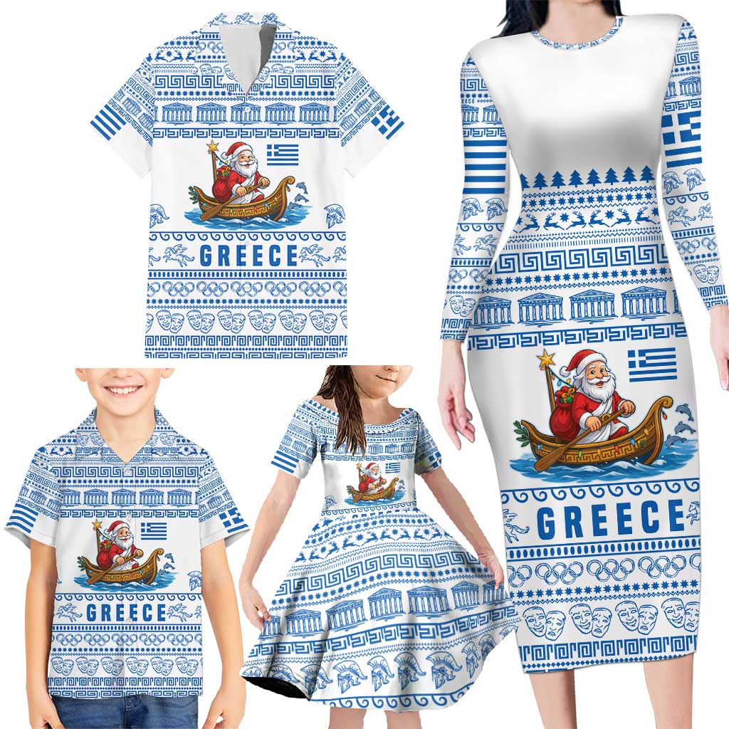 Greece Christmas Family Matching Long Sleeve Bodycon Dress and Hawaiian Shirt with Santa Rowing Boat Greek Flag Laurel Wreath Parthenon and Blue White Pattern Design - Wonder Print Shop
