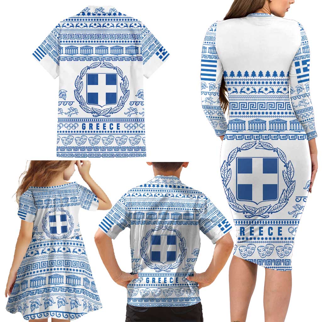 Greece Christmas Family Matching Long Sleeve Bodycon Dress and Hawaiian Shirt with Santa Rowing Boat Greek Flag Laurel Wreath Parthenon and Blue White Pattern Design - Wonder Print Shop