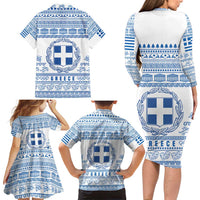 Greece Christmas Family Matching Long Sleeve Bodycon Dress and Hawaiian Shirt with Santa Rowing Boat Greek Flag Laurel Wreath Parthenon and Blue White Pattern Design - Wonder Print Shop