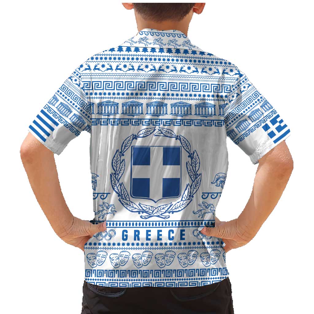 Greece Christmas Family Matching Mermaid Dress and Hawaiian Shirt with Santa Rowing Boat Greek Flag Laurel Wreath Parthenon and Blue White Pattern Design - Wonder Print Shop