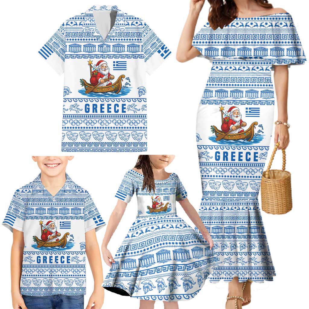 Greece Christmas Family Matching Mermaid Dress and Hawaiian Shirt with Santa Rowing Boat Greek Flag Laurel Wreath Parthenon and Blue White Pattern Design - Wonder Print Shop