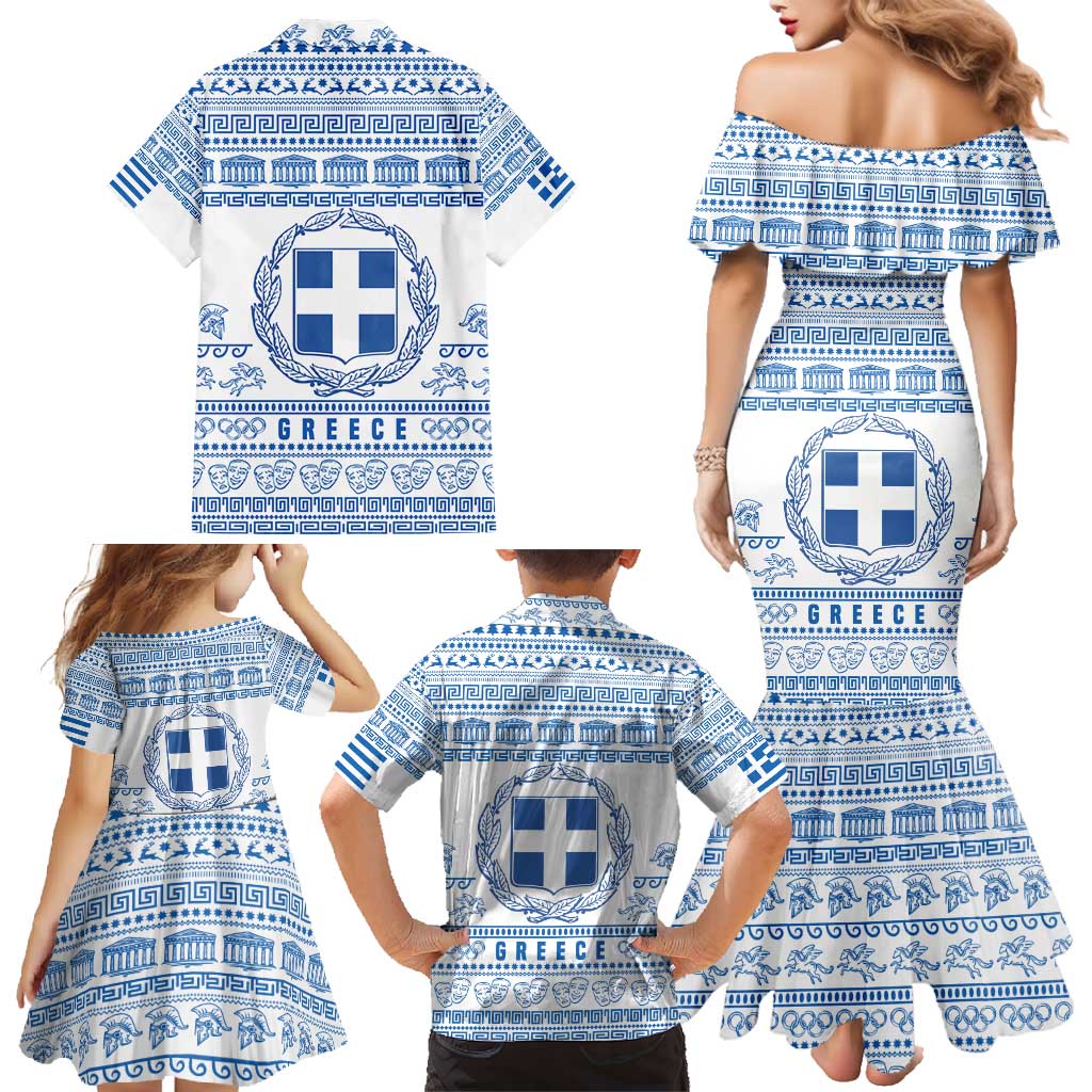 Greece Christmas Family Matching Mermaid Dress and Hawaiian Shirt with Santa Rowing Boat Greek Flag Laurel Wreath Parthenon and Blue White Pattern Design - Wonder Print Shop