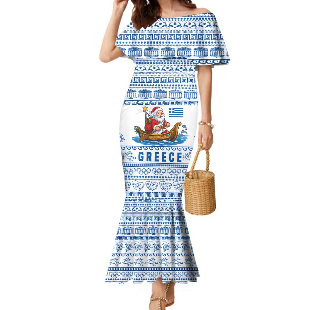 Greece Christmas Family Matching Mermaid Dress and Hawaiian Shirt with Santa Rowing Boat Greek Flag Laurel Wreath Parthenon and Blue White Pattern Design - Wonder Print Shop