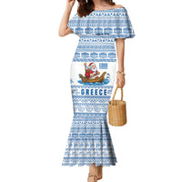 Greece Christmas Family Matching Mermaid Dress and Hawaiian Shirt with Santa Rowing Boat Greek Flag Laurel Wreath Parthenon and Blue White Pattern Design - Wonder Print Shop