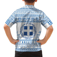 Greece Christmas Family Matching Off The Shoulder Long Sleeve Dress and Hawaiian Shirt with Santa Rowing Boat Greek Flag Laurel Wreath Parthenon and Blue White Pattern Design - Wonder Print Shop