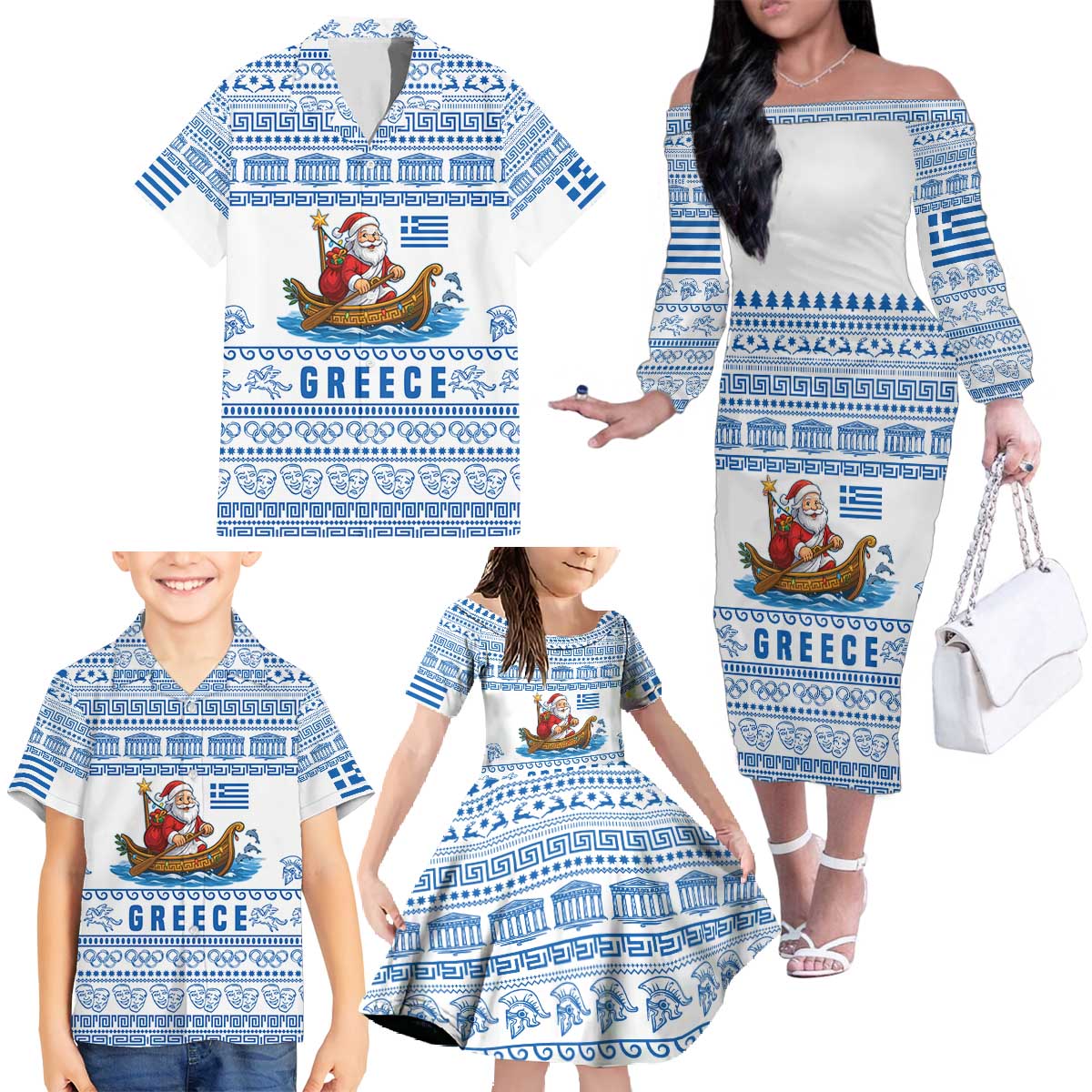 Greece Christmas Family Matching Off The Shoulder Long Sleeve Dress and Hawaiian Shirt with Santa Rowing Boat Greek Flag Laurel Wreath Parthenon and Blue White Pattern Design - Wonder Print Shop