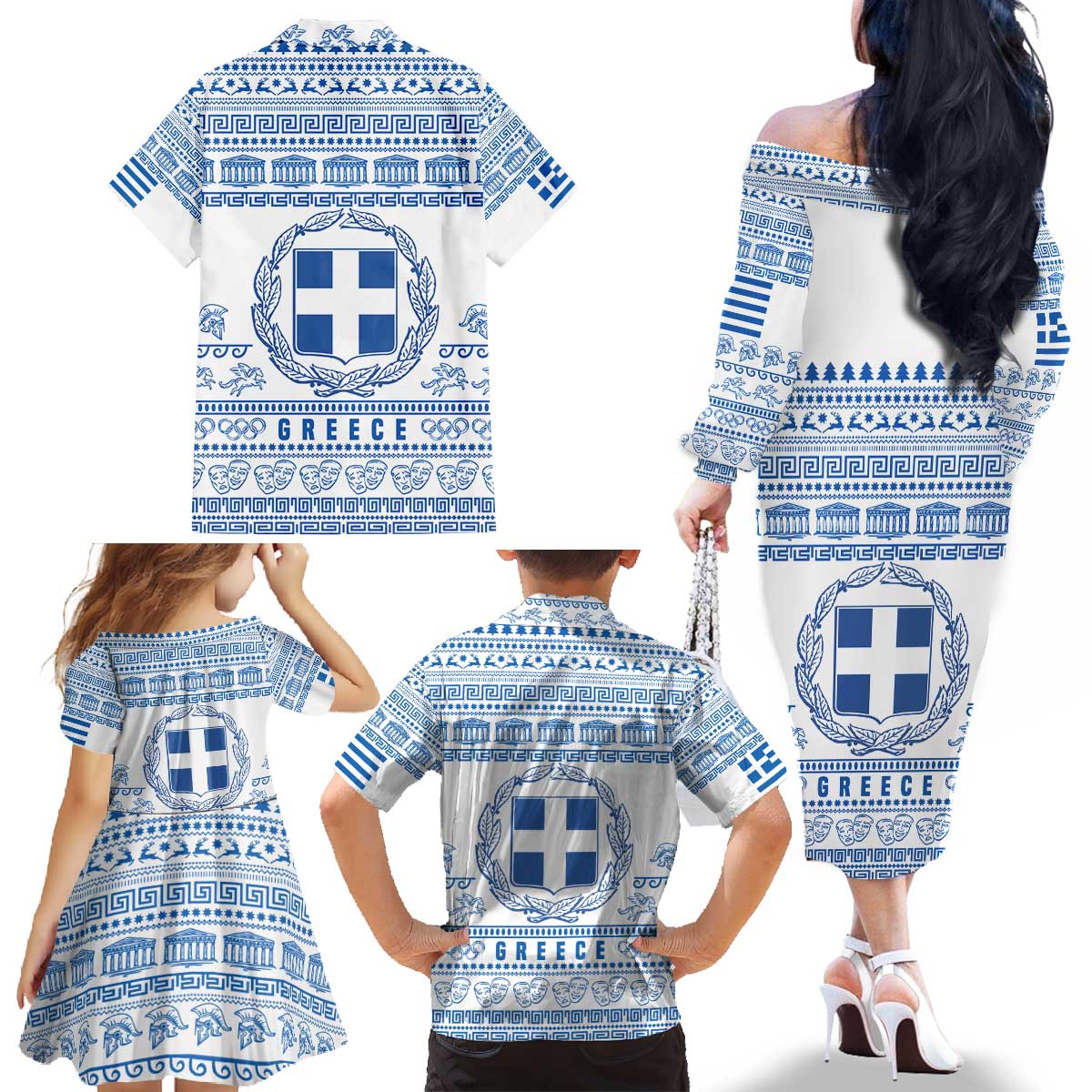 Greece Christmas Family Matching Off The Shoulder Long Sleeve Dress and Hawaiian Shirt with Santa Rowing Boat Greek Flag Laurel Wreath Parthenon and Blue White Pattern Design - Wonder Print Shop