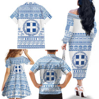 Greece Christmas Family Matching Off The Shoulder Long Sleeve Dress and Hawaiian Shirt with Santa Rowing Boat Greek Flag Laurel Wreath Parthenon and Blue White Pattern Design - Wonder Print Shop