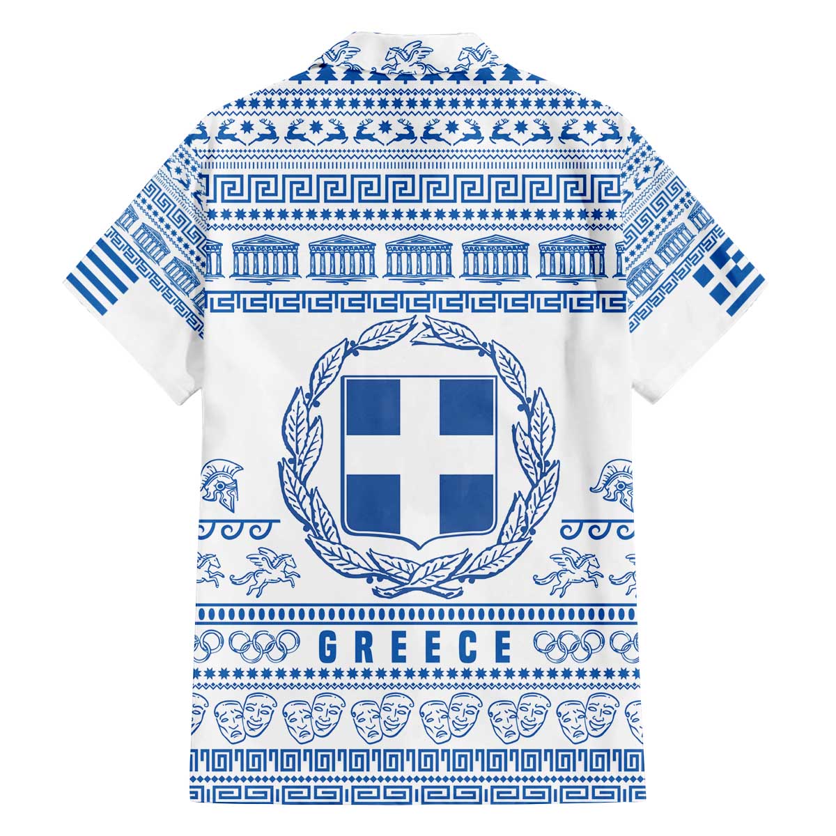 Greece Christmas Family Matching Off The Shoulder Long Sleeve Dress and Hawaiian Shirt with Santa Rowing Boat Greek Flag Laurel Wreath Parthenon and Blue White Pattern Design - Wonder Print Shop