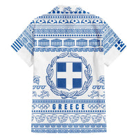 Greece Christmas Family Matching Off The Shoulder Long Sleeve Dress and Hawaiian Shirt with Santa Rowing Boat Greek Flag Laurel Wreath Parthenon and Blue White Pattern Design - Wonder Print Shop