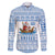 Greece Christmas Family Matching Off The Shoulder Long Sleeve Dress and Hawaiian Shirt with Santa Rowing Boat Greek Flag Laurel Wreath Parthenon and Blue White Pattern Design - Wonder Print Shop
