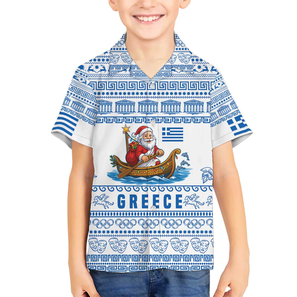 Greece Christmas Family Matching Off The Shoulder Long Sleeve Dress and Hawaiian Shirt with Santa Rowing Boat Greek Flag Laurel Wreath Parthenon and Blue White Pattern Design - Wonder Print Shop