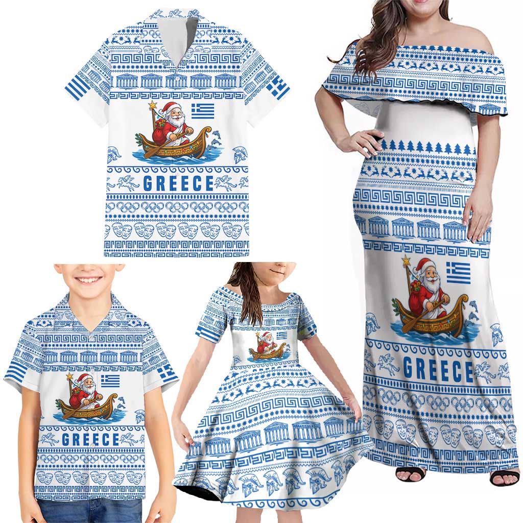Greece Christmas Family Matching Off Shoulder Maxi Dress and Hawaiian Shirt with Santa Rowing Boat Greek Flag Laurel Wreath Parthenon and Blue White Pattern Design - Wonder Print Shop