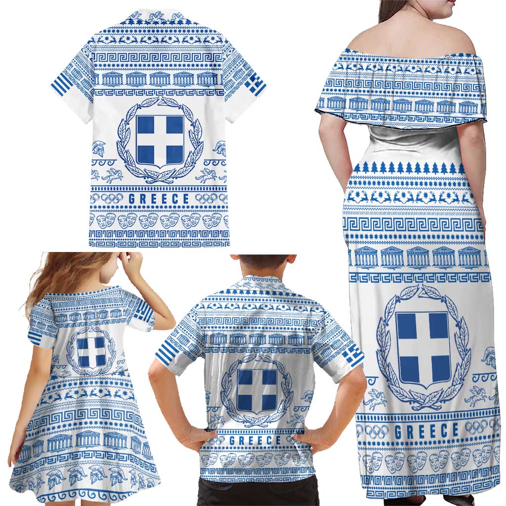 Greece Christmas Family Matching Off Shoulder Maxi Dress and Hawaiian Shirt with Santa Rowing Boat Greek Flag Laurel Wreath Parthenon and Blue White Pattern Design - Wonder Print Shop